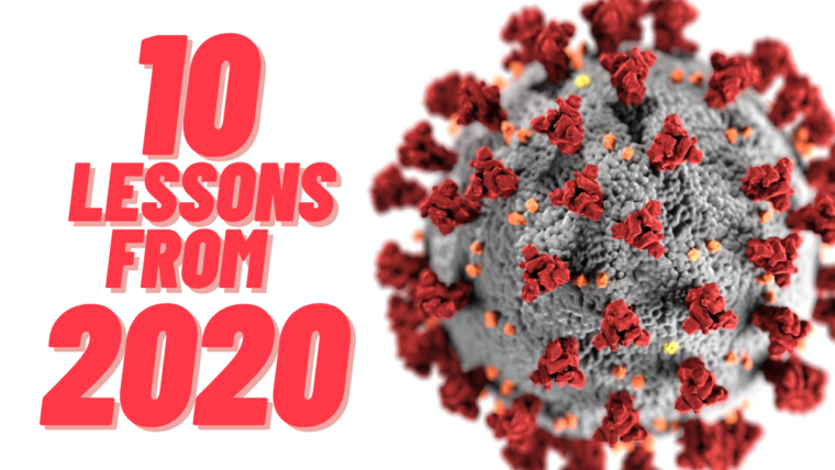 Covid-19 virus image with the words "10 Lessons from 2020"